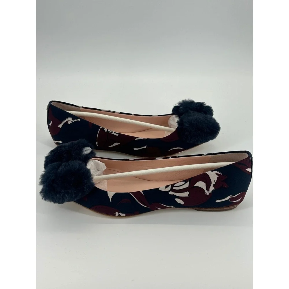 Kate Spade Elen Flats Size 8 Navy‎ Multi Fox Print Pom Pom New In Box
